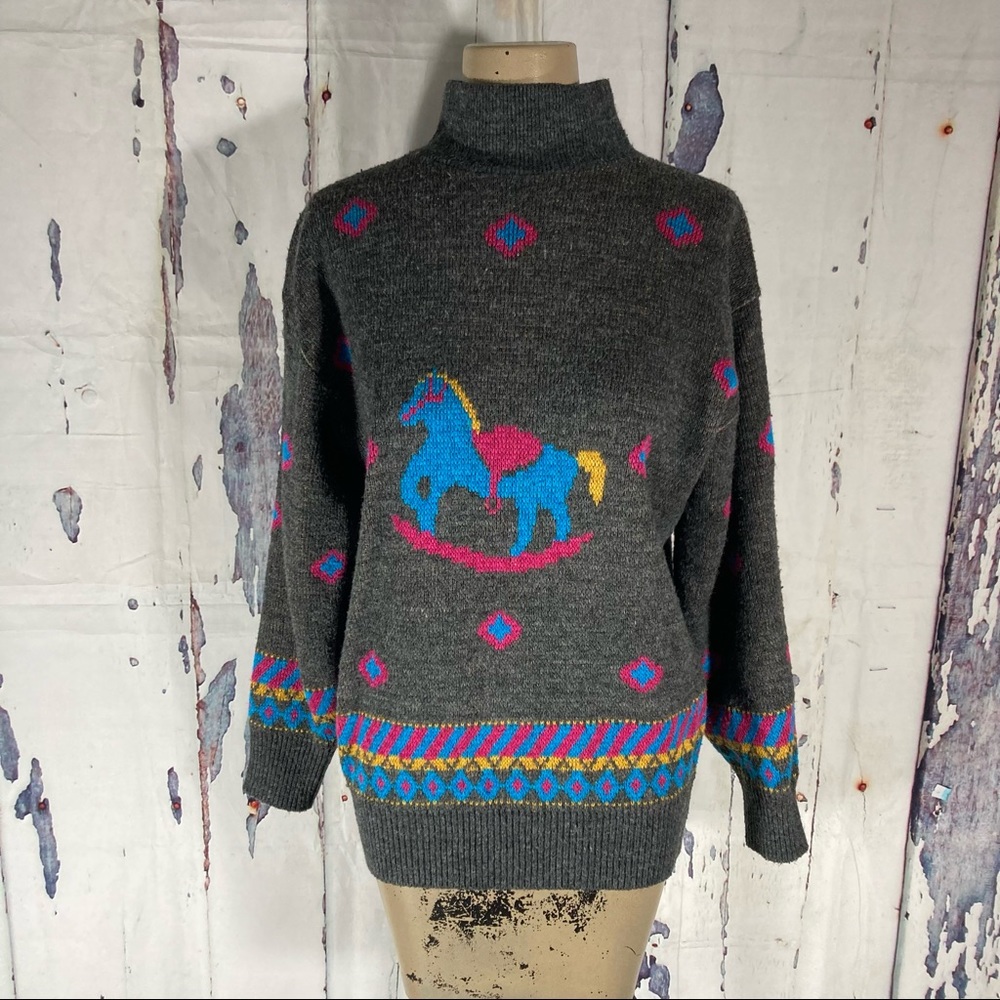 Vintage 80’s Panhandle Slim Mock Neck Gray Sweater Rocking Horse Knit Sweet Sz M